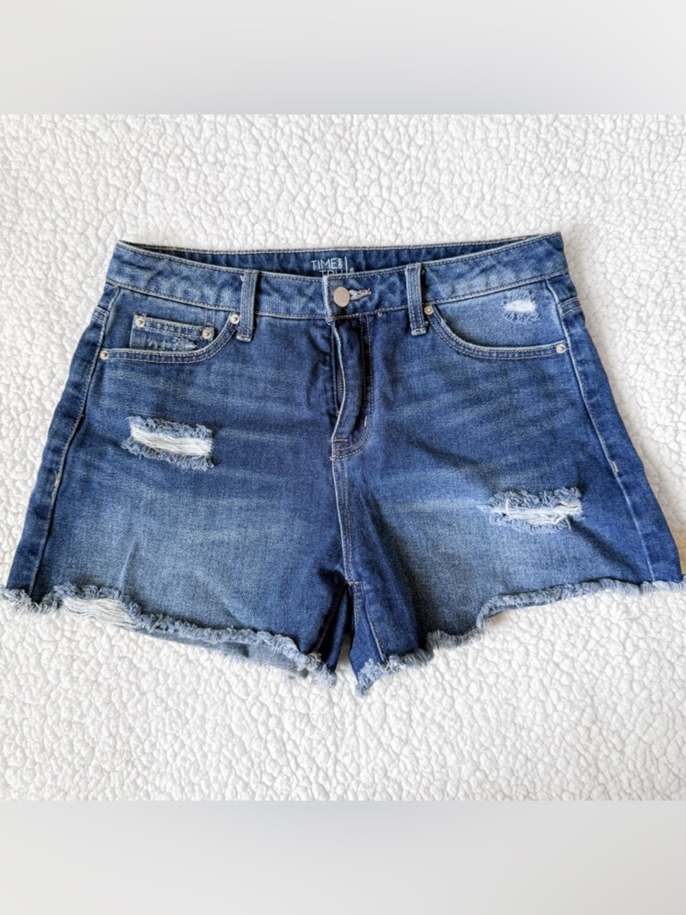 Time and Tru Dark Blue Distressed Denim Shorts
